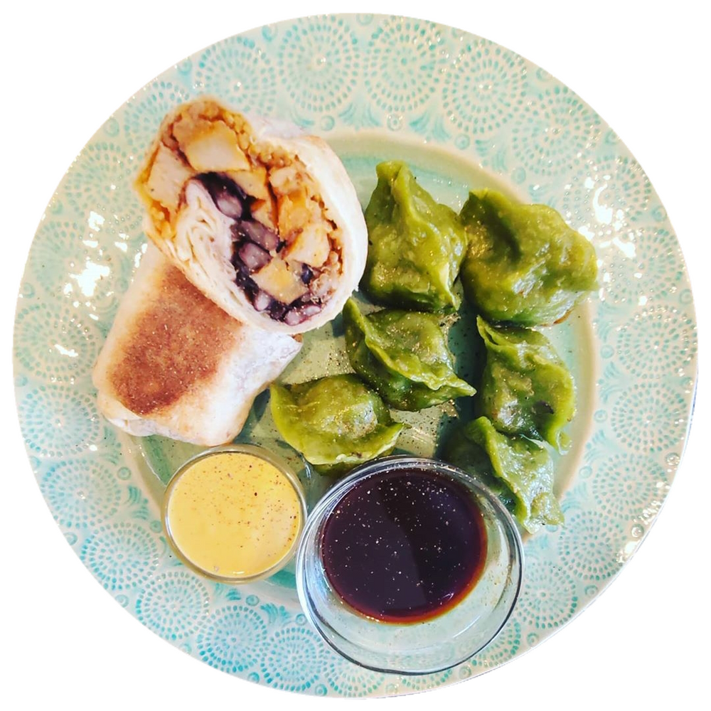 JEFF'S BREAKFAST HASH BURRITO + CABBAGE MUSHROOM TOFU DUMPLINGS