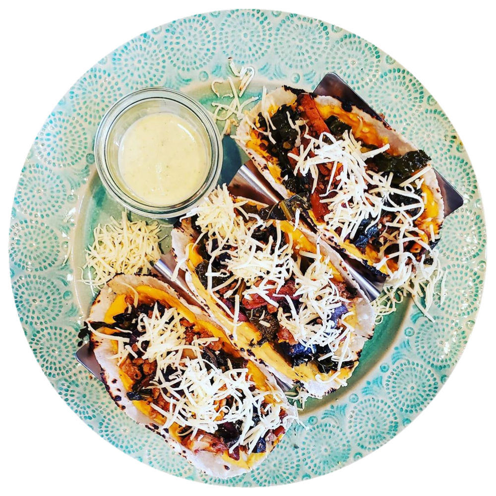 KALE BACON CHEESE POTATO QUESO TACOS