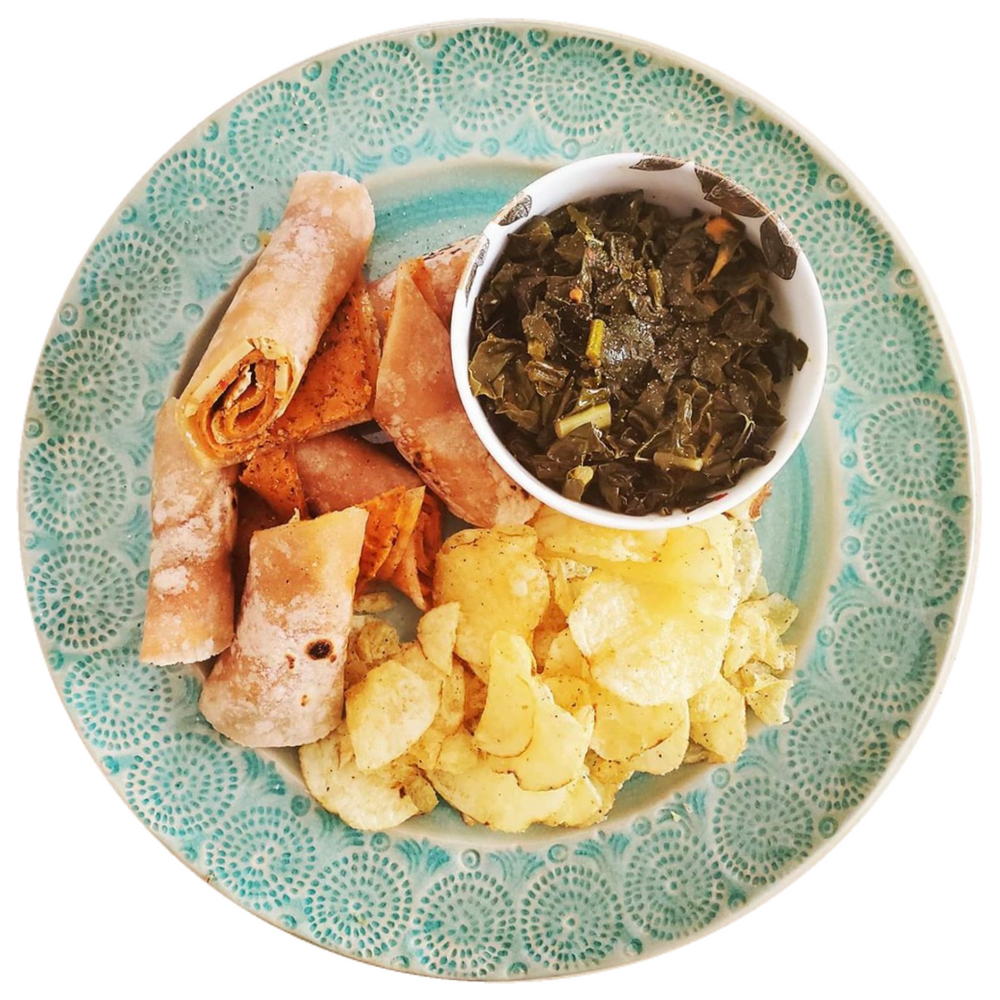 TUSCAN DELI SLICES + PEPPER JACK CHEESE TORTILLA ROLLUPS + KALE + POTATO CHIPS