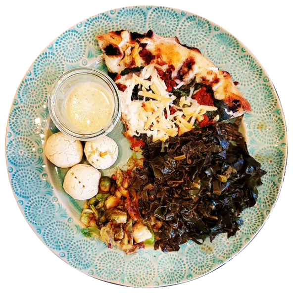 WOOD FIRED CHORIZO KALE PIZZA + ROASTED BRUSSELS SPROUTS & KALE + PÃO DE QUEIJO & RANCH DRESSING