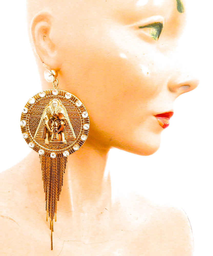 EGYPTIAN GOLD TUTANKHAMUN MOONLIGHT RHINESTONE FRINGE EARRINGS