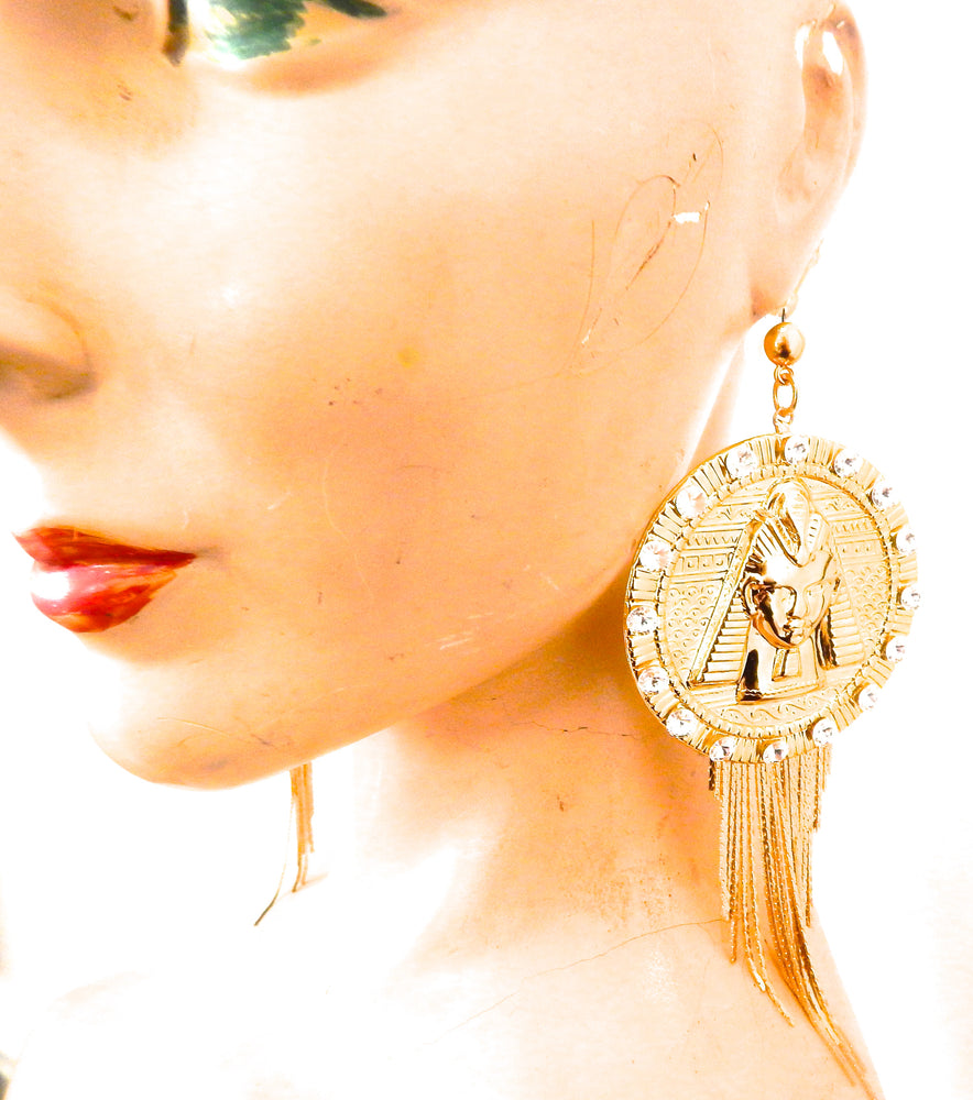 EGYPTIAN GOLD TUTANKHAMUN MOONLIGHT RHINESTONE FRINGE EARRINGS