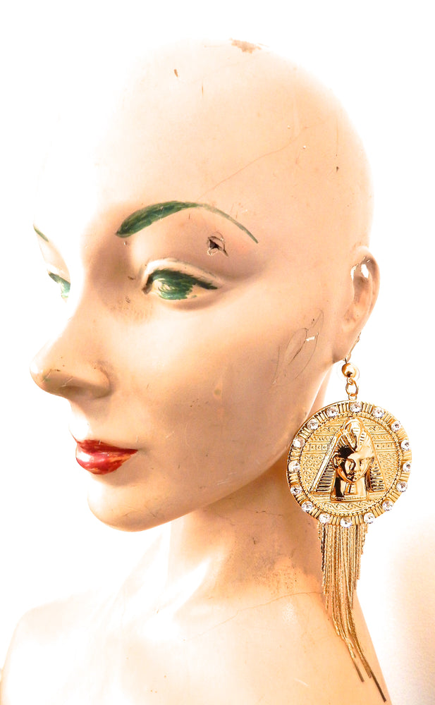 EGYPTIAN GOLD TUTANKHAMUN MOONLIGHT RHINESTONE FRINGE EARRINGS