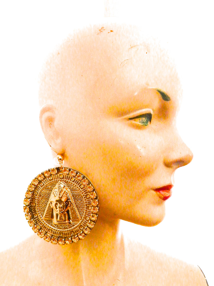 EGYPTIAN GOLD TUTANKHAMUN SUN DUST RHINESTONE MEDALLION EARRINGS