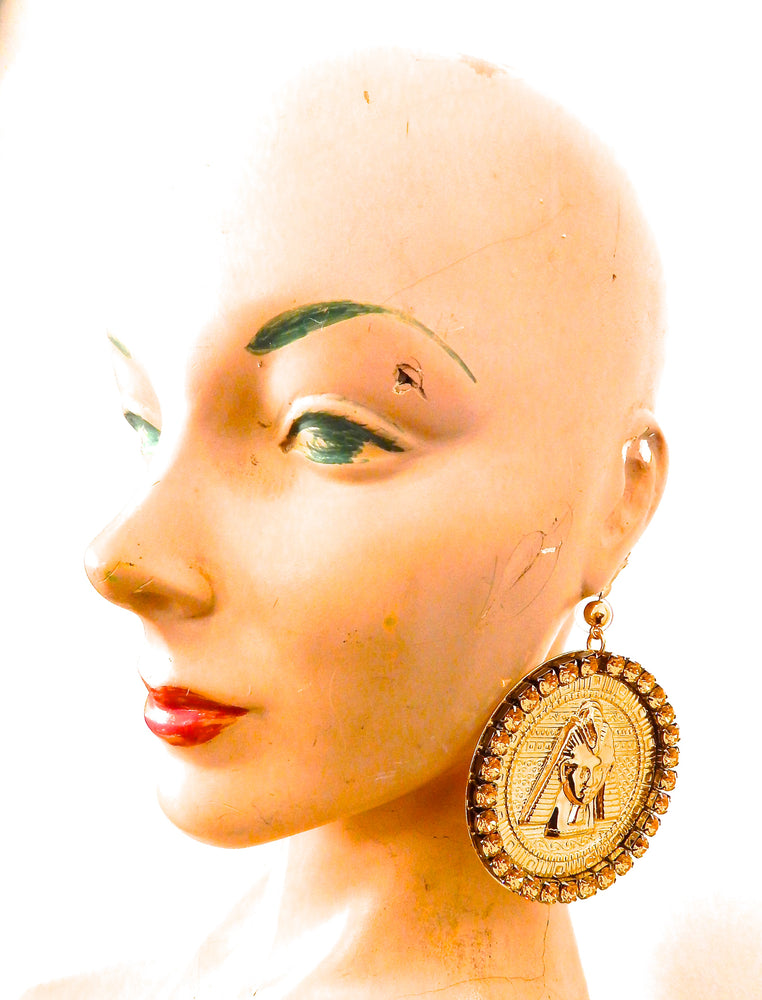 EGYPTIAN GOLD TUTANKHAMUN SUN DUST RHINESTONE MEDALLION EARRINGS