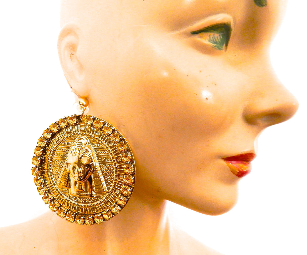 EGYPTIAN GOLD TUTANKHAMUN SUN DUST RHINESTONE MEDALLION EARRINGS