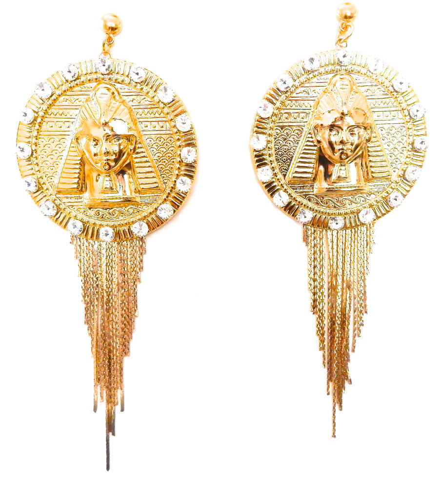 EGYPTIAN GOLD TUTANKHAMUN MOONLIGHT RHINESTONE FRINGE EARRINGS