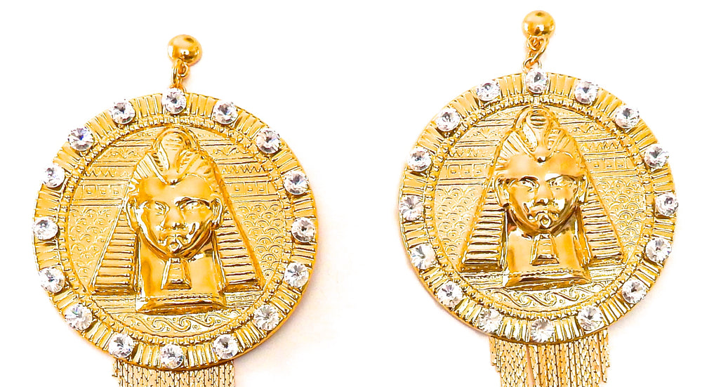 EGYPTIAN GOLD TUTANKHAMUN MOONLIGHT RHINESTONE FRINGE EARRINGS