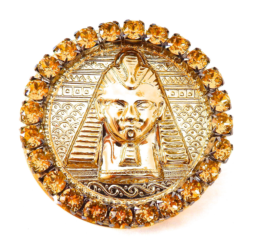 EGYPTIAN GOLD TUTANKHAMUN SUN DUST RHINESTONE MEDALLION RING