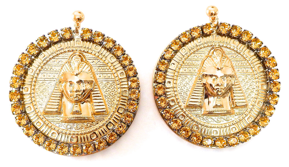 EGYPTIAN GOLD TUTANKHAMUN SUN DUST RHINESTONE MEDALLION EARRINGS