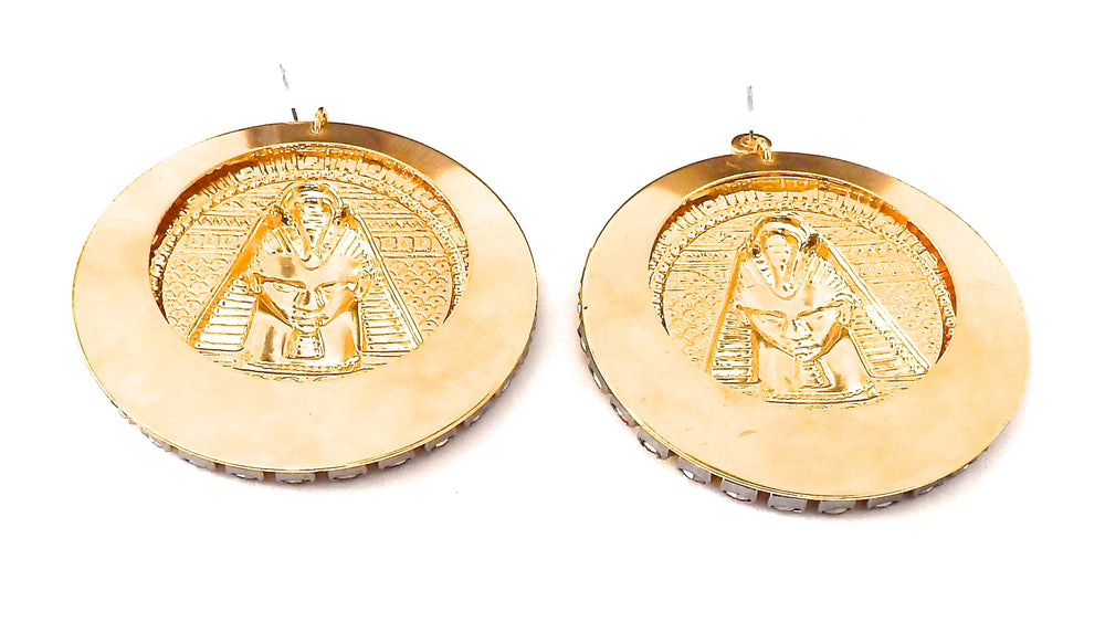 EGYPTIAN GOLD TUTANKHAMUN SUN DUST RHINESTONE MEDALLION EARRINGS