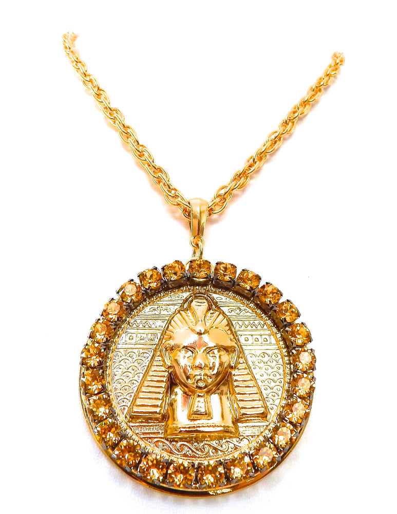 EGYPTIAN GOLD TUTANKHAMUN SUN DUST RHINESTONE MEDALLION NECKLACE